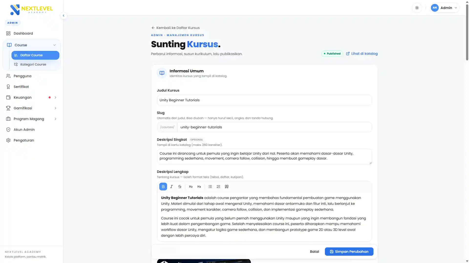 Course curriculum editor and media upload interface